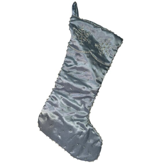 Silver Satin Christmas Stocking With Beaded Snowflake Embellishments - Picture 4 of 5